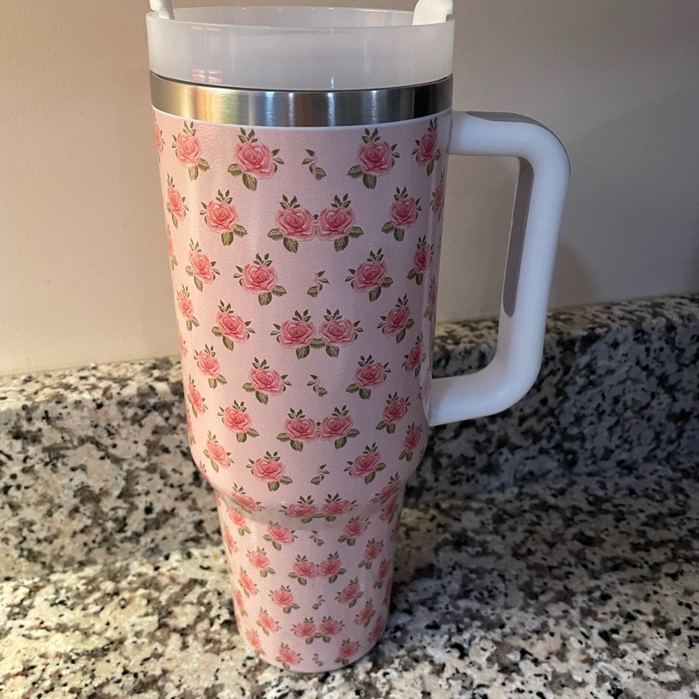 Stainless steel 40 ounce Pink rose flower floral tumbler with handle NEW Cute!